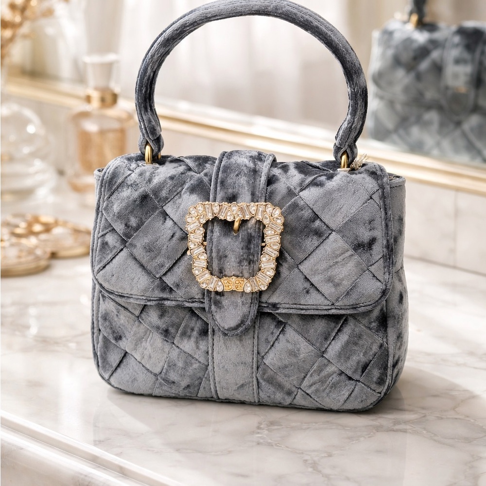 Elegant Blue Velvet Handbag with Gold Buckle